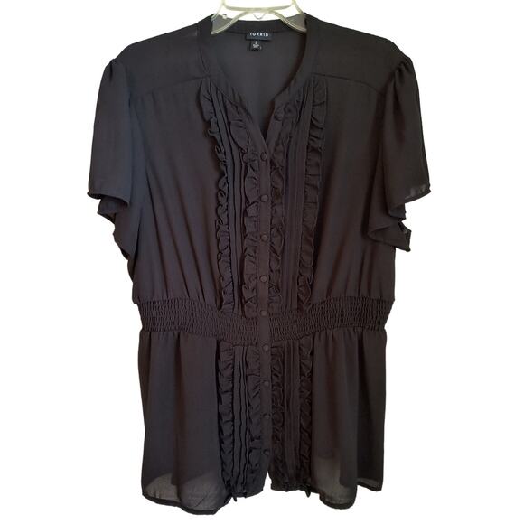 Torrid Button Down Blouse Women's 2X Black Ruffled front Smocked Waist Chiffon - Picture 4 of 15